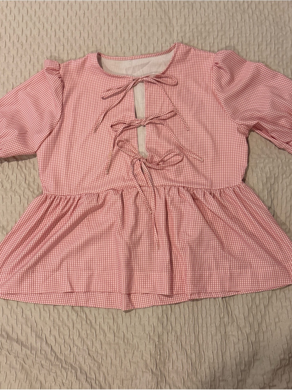 Amazon Pink and White Gingham Tie-Front Peplum Top